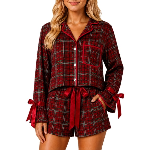 EANJE Womens Silky Satin Pajama Set Christmas Holiday Pajama Sets 2 Piece Silky Sleepwear Button Down V‑neck Long Sleeve Tops Short Sleeve Shorts Red M