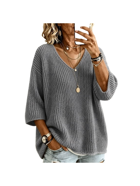 Womens Sweaters V Neck Loose Chunky Pullover 3/4 Sleeve Textured Knit Tunic Side Slit Curved Hem Casual Oversized Jumper Soft Everyday Top Gray 2XL