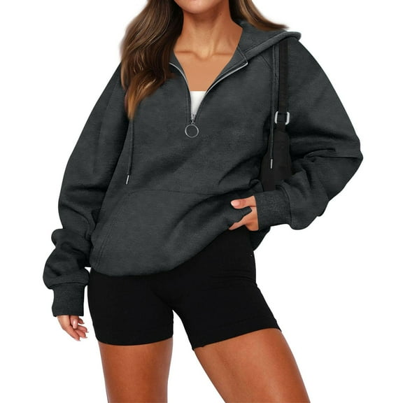 EANJE Womens Sweatshirt Trendy Half-Zip Pullover Oversized Long Sleeve Crewneck Polo Fall Solid Color Blouse Clothes Dark Gray S