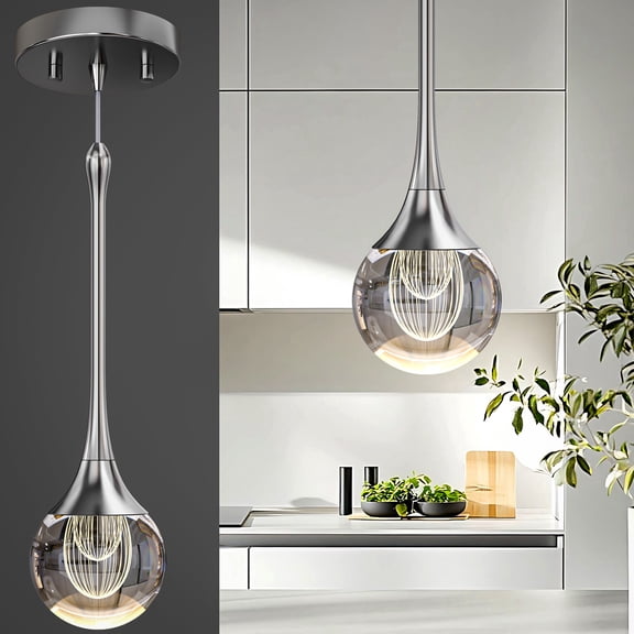 EANLOLY 1-Pendant Lights Kitchen Island,Crystal Sliver Globe LED Chandelier, Modern Dimmable Adjustable Height Hanging Light Fixture,Sloped Ceiling,Bedroom,Dining Room
