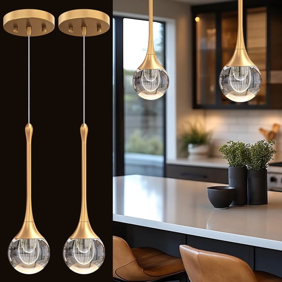 EANLOLY 2-Pendant Lights Kitchen Island,Crystal Gold Globe LED Chandelier, Modern Dimmable Adjustable Height Hanging Light Fixture,Sloped Ceiling,Bedroom,Dining Room
