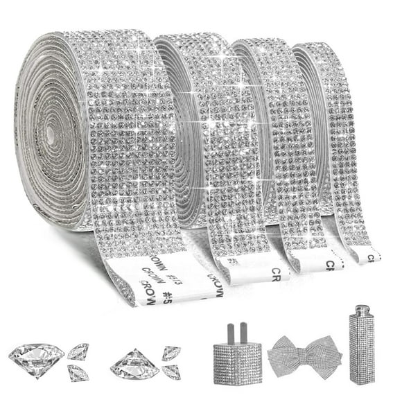 EANLOLY 4 Rolls Crystal Rhinestone Ribbon Self Adhesive Strips, Diamond Bling Tape with 2 mm Rhinestones 4.5 Yards, Sticker Roll for Arts Crafts Wedding Party DIY Event Car Phone Decoration (Silver)