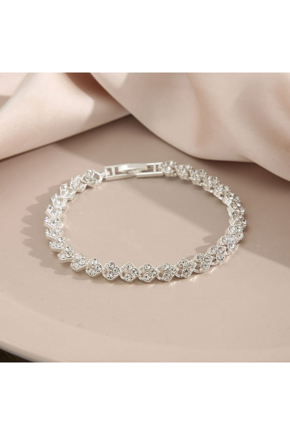 Bracelets for Women White Gold Plated Diamond AAA+ Cubic Zirconia CZ Dainty Classic Adjustable Slider Bracelet Full Diamond Heart-Shaped Roman Bracelet Silver Fashion Jewelry Wedding Gift