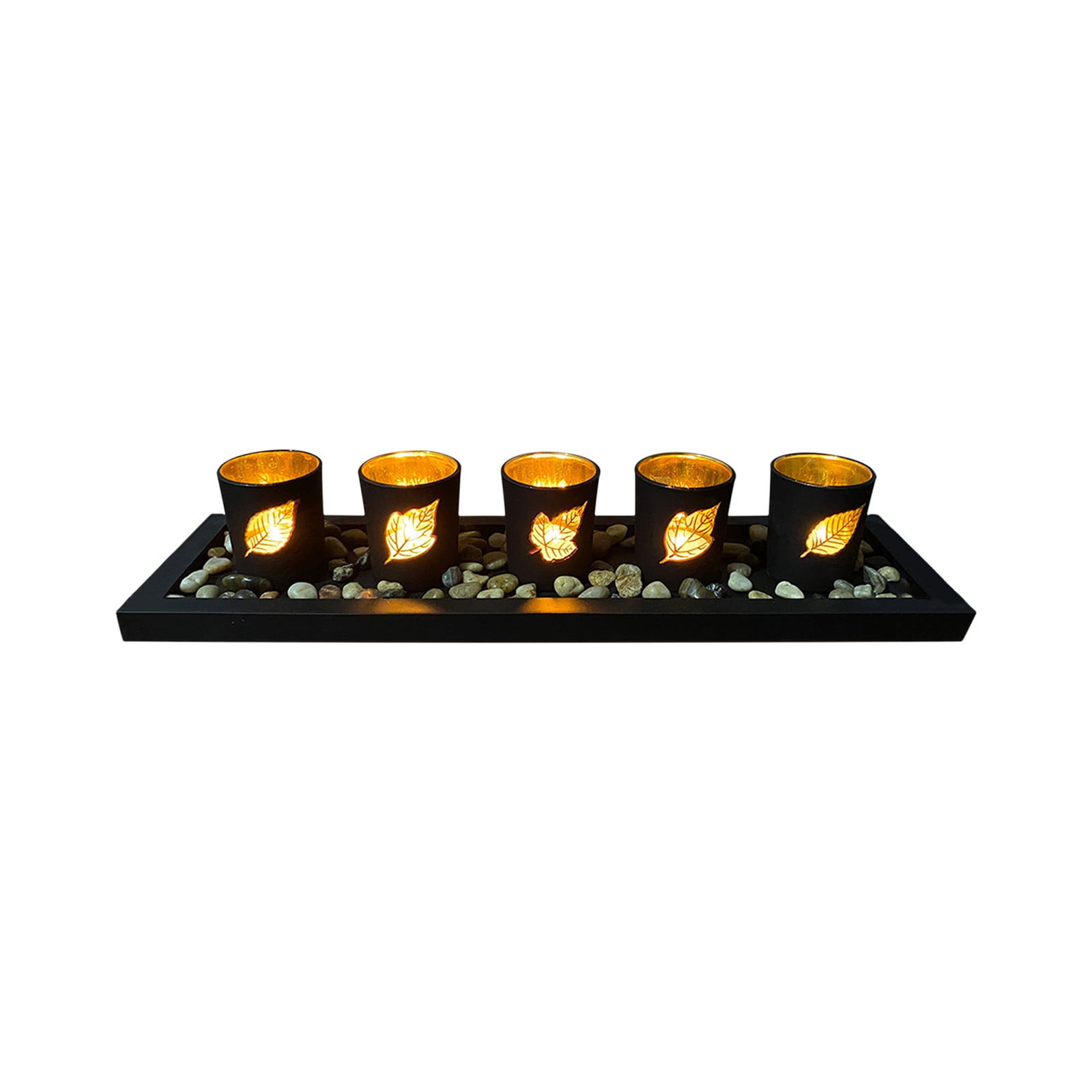 EARKITY Candle Holder Set for Dining Table Centerpiece Decor, Coffee Table Decor for Living Room, Wooden Tray Black Hollow Leaf Shape Candle Holder, Living Room Decor Set Candle Cup - 5 Glass Cups