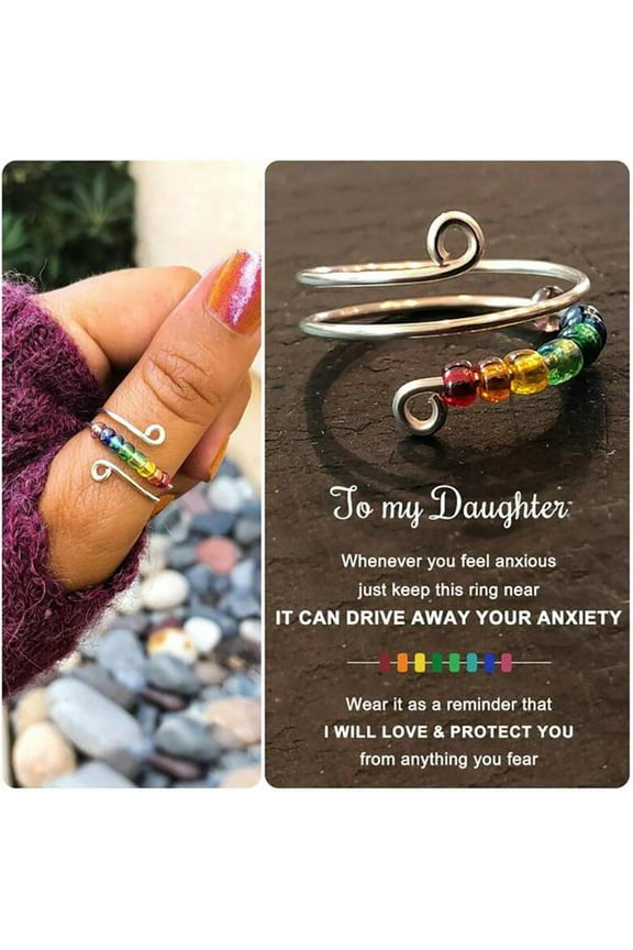 To My Daughter Fidget Ring for Anxiety, Fidget Rings for Anxiety for Women, Adjustable Stacking Anxiety Relief Rainbow Fidget Ring Jewelry Gifts (Rainbow)