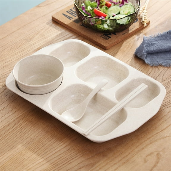 EARKITY Divided Plates, Reusable Unbreakable Wheat Straw Plates, 5 Compartment Lunch Trays, Rectangular Portion Control Plate With Spoon Chopsticks Bowl, Dishwasher Safe