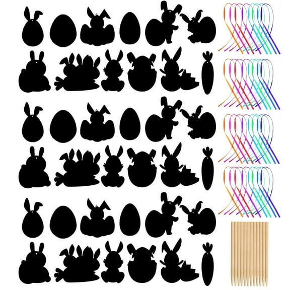EARKITY Easter Crafts, 36 Pcs Rainbow Scratch Art Paper with Ribbons/Stickers/Bells, Bunny Scratch Art Paper, Easter Hanging Ornament for Kids Home Classroom Easter Party Favor Gift Egg Basket Stuffer