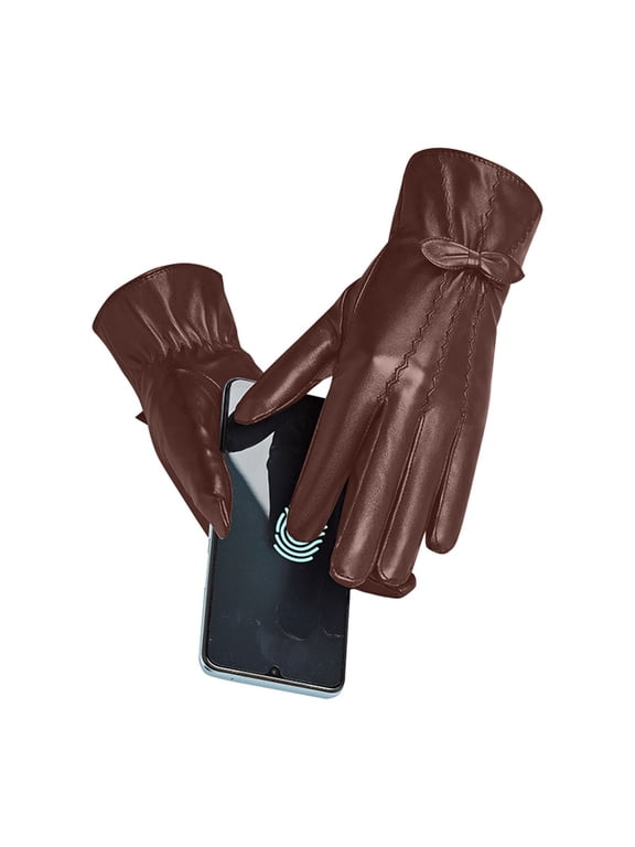 Leather Gloves for Women, Winter Warm Gloves, Touch Screen Warm Wool Lined Texting Driving Gloves, Fleece Lined Cold Weather Warm Gloves, Winter Warm Cycling Driving Bowknot Gloves