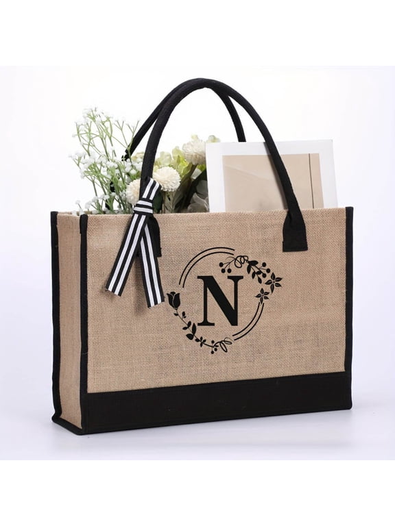 Tote Bags, Initial Jute Tote Bag & Makeup Bag, Canvas Beach Bag, Monogrammed Gift Tote Bag, Personalized Birthday Gifts for Mother, Wedding Bag for Bridal, Gifts for Women