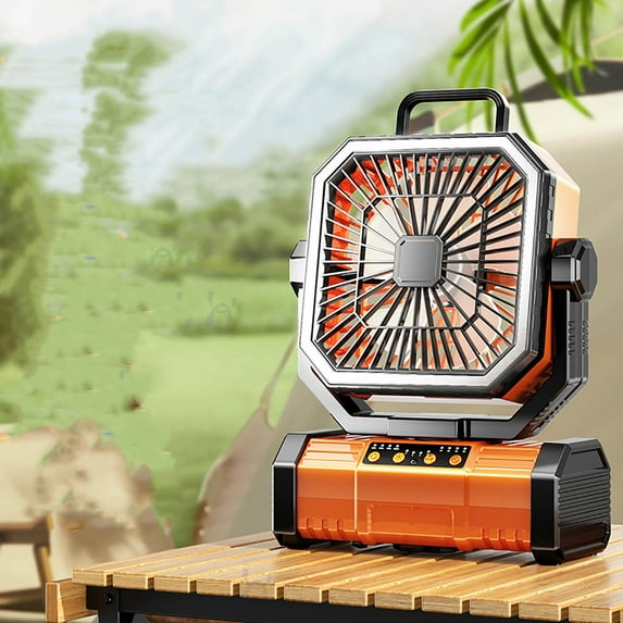 USB Rechargeable Outdoor Camping Fan with 9000mAh Battery, Portable Shaking Head Fan in Orange for Tent Car Outdoor Use SDJMA