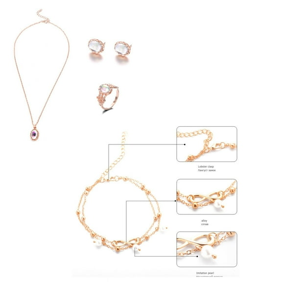 EARKITY Women's Necklace Ring Earring Anklet 4 Piece Set, Vintage Exquisite Opal Clavicle Chain Jewelry Set for Mother's Day