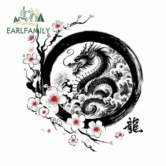 EARLFAMILY 5.1" Black Dragon with Flowers Car Sticker Rearview Mirror Decal