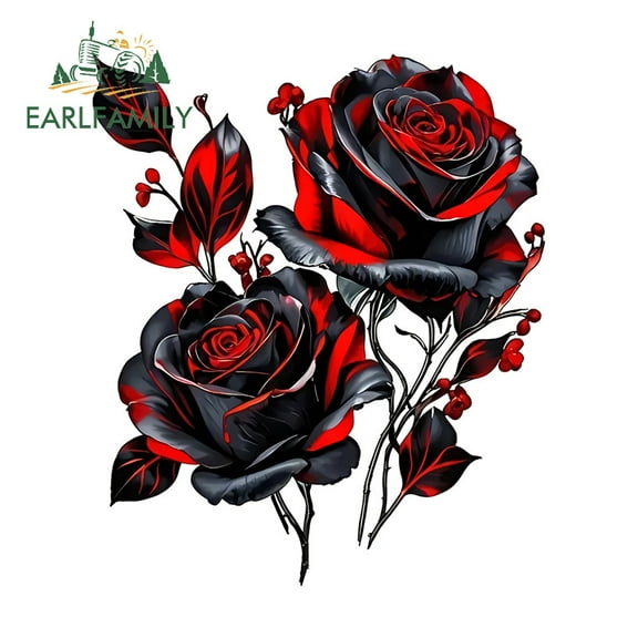 EARLFAMILY 5.1" Black with Red Rose Car Stickers Waterproof Surfboard Motorcycle Windshield Truck JDM Decal Personality Occlusion Scratch Street Signs