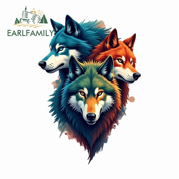 EARLFAMILY 5.1" Colorful Wolf Head Cartoon Car Sticker Creative Personality Suitcase Skateboard JDM Vinyl Decal Interesting Scratch-Proof Car Label