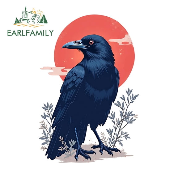 EARLFAMILY 5.1 in Crow and Red Sun Car Stickers Waterproof Occlusion Scratch Laptop Motorcycle Windows Bumper Vinyl Decal Personality Amusing Car Goods