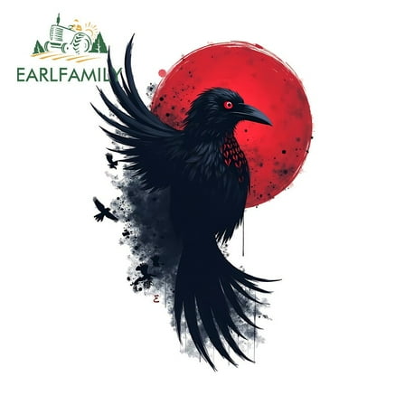 EARLFAMILY 5.1"  Crow with Red Sun Darkness Car Stickers Laptop Vinyl JDM Decal
