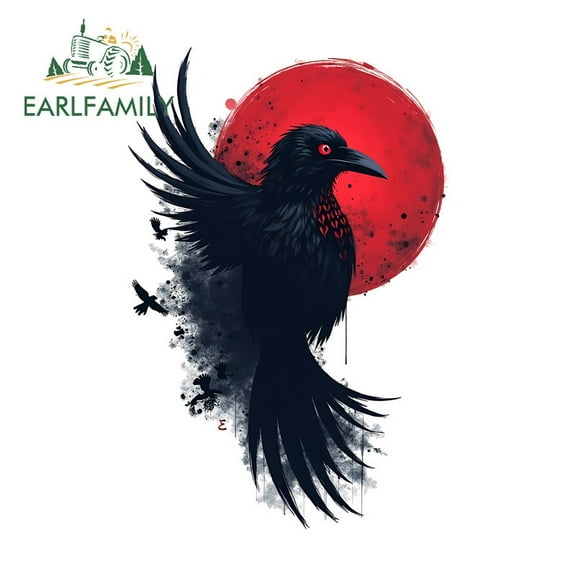 EARLFAMILY 5.1"  Crow with Red Sun Darkness Car Stickers Laptop Vinyl JDM Decal