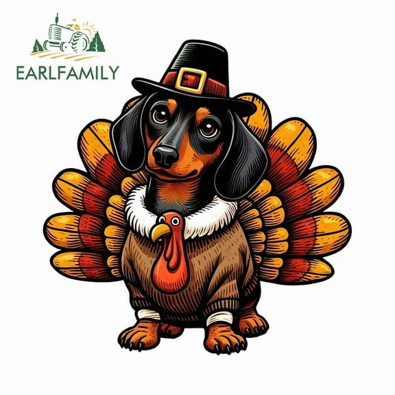 EARLFAMILY 5.1" Dachshund Thanksgiving Dog Car Stickers Cool Waterproof Occlusion Scratch Trunk Bumper Rearview Mirror Vinyl Decals Personality Graffiti