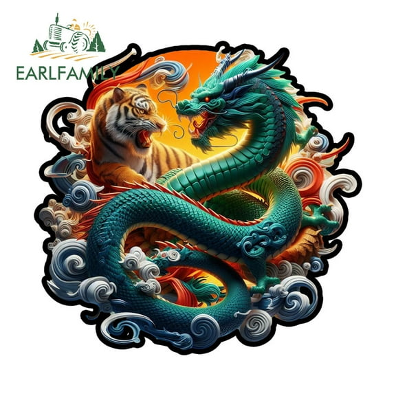 EARLFAMILY 5.1" Dragon Tiger Japanese Car Sticker Personality Rearview Mirror Motorcycle Surfboard Occlusion Scratch 3D Decal Waterproof Car Label