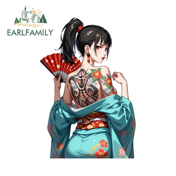 EARLFAMILY 5.1" High Ponytail Tattoo Geisha with Fan Car Stickers Windshield Motorcycle Bumper Trunk Personality Decal Occlusion Scratch Car Goods