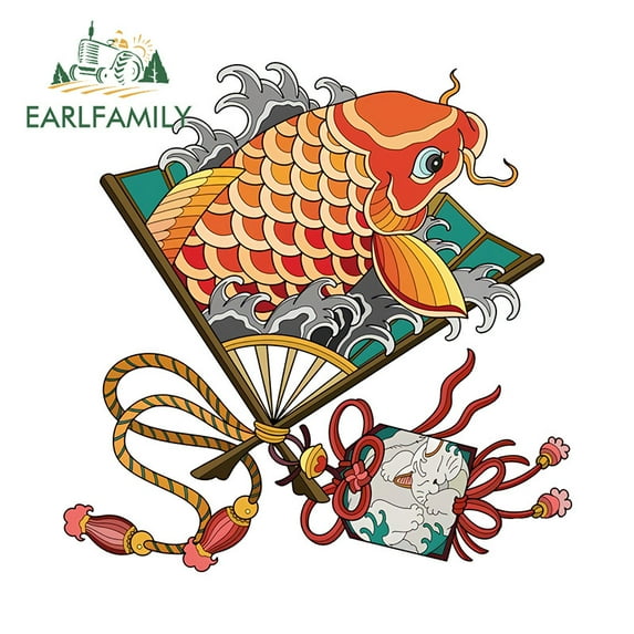 EARLFAMILY 5.1 Inch Creative Japanese Style Car Stickers Koi Folding Fan Design Scratch-Proof Decals Fashionable Waterproof Vinyl Car Wrap