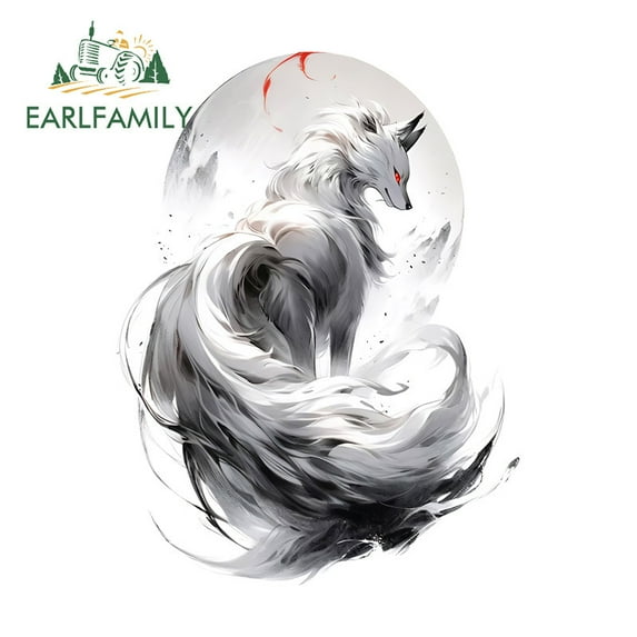 EARLFAMILY 5.1 Inch Japanese Fox Black Style Car Stickers Personality Waterproof Scratc-Proof Campervan Truck Vinyl Decal Amusing Car Door Protector