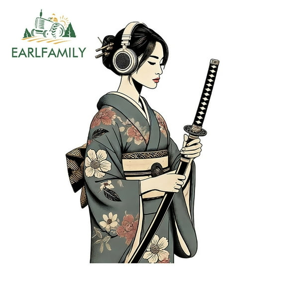EARLFAMILY 5.1 Inch Japanese Geisha with Headphones Car Stickers Storage Flask Motorcycle Helmet Luggage DIY Vinyl Decals Funny Scratch-Proof Car Styling