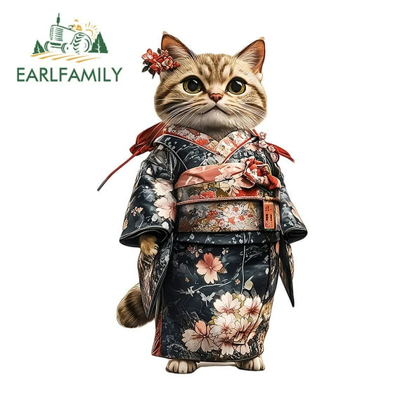 EARLFAMILY 5.1 Inch Japanese Samurai Cat Car Stickers Occlusion Scratch Caravan Windshield Suitcase Vinyl Decal Personality Waterproof Car Accessories