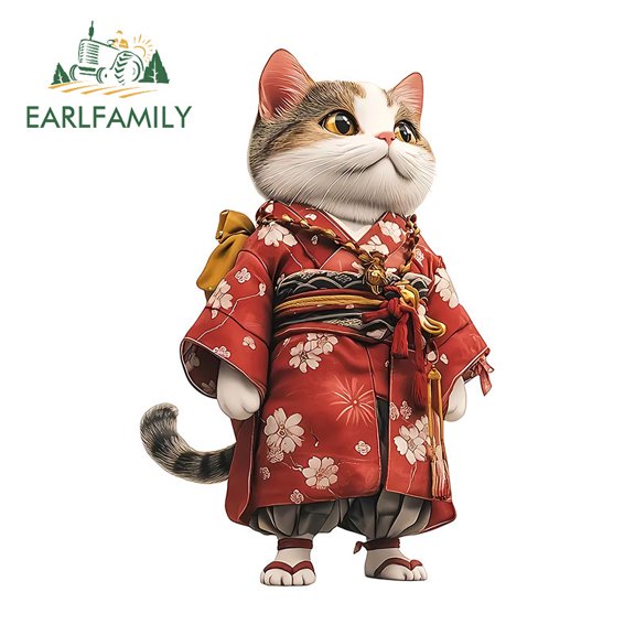 EARLFAMILY 5.1 Inch Japanese Samurai Cat Car Stickers Occlusion Scratch Caravan Windshield Suitcase Vinyl Decal Personality Waterproof Car Accessories