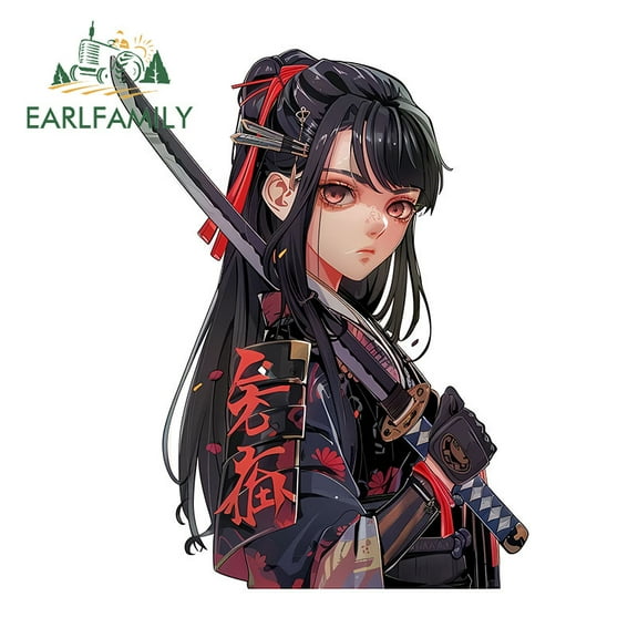 EARLFAMILY 5.1 Inch Japanese Samurai Female Car Sticker Sunscreen Windshield Campervan Trunk Bumper Vinyl Decal Personality Waterproof Car Label