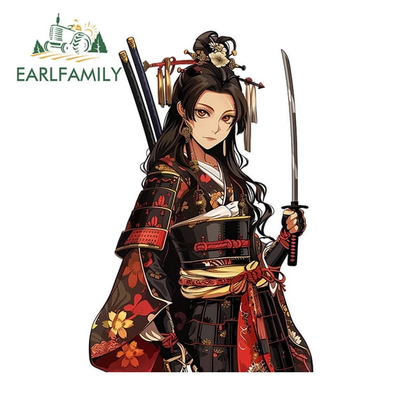 EARLFAMILY 5.1 Inch Japanese Samurai Female Car Sticker Sunscreen Windshield Campervan Trunk Bumper Vinyl Decal Personality Waterproof Car Label