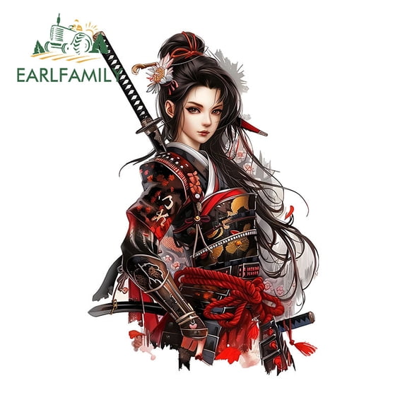 EARLFAMILY 5.1 Inch Japanese Samurai Female Car Sticker Sunscreen Windshield Campervan Trunk Bumper Vinyl Decal Personality Waterproof Car Label