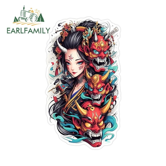 EARLFAMILY 5.1 Inch Japanese Samurai Girl Art Car Stickers Personality Graffiti PVC Decals Waterproof Occlusion Scratch Car Door Protector