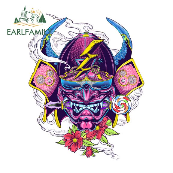 EARLFAMILY 5.1 Inch Japanese Samurai Mask Car Stickers Vinyl Creative Decal Personality Scratch-Proof Car Accessories