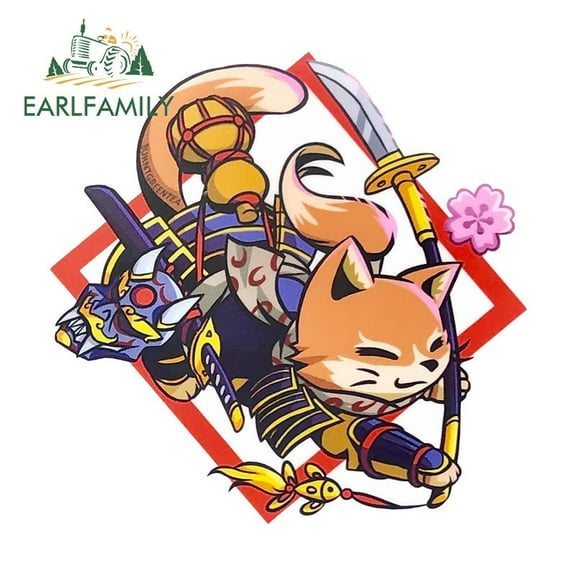 EARLFAMILY 5.1 Inch Samurai Cat With Knife Car Sticker Custom Skull Cartoon JDM Auto Sunscreen Decal Creative Windshield Helmet Waterproof Decoration
