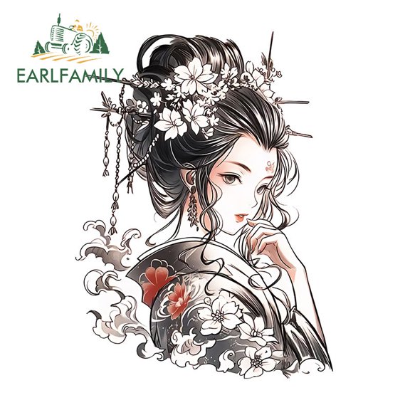 EARLFAMILY 5.1 Inch Samurai Female Japanese Beauty Car Stickers Scratch-Proof Water Bottle Motorcycle Decal Waterproof Fashionable Car Accessories