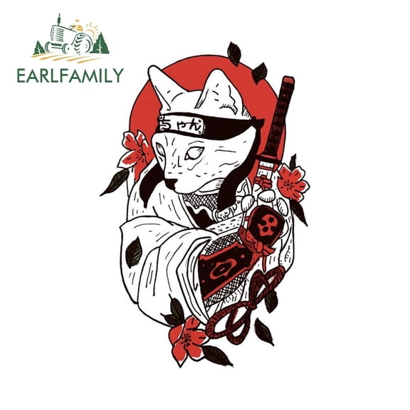 EARLFAMILY 5.1 Inch Samurai cat Vinyl Car Wrap Stickers Windows Motorcycle Car Accessories Decal Waterproof Caravan Decor