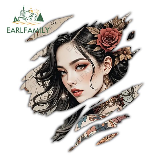 EARLFAMILY 5.1 Inch Tattoo Geisha Tear Car Sticker Waterproof Motorcycle Campervan Rear Windshield Skateboard Vinyl Decal Fashionable Car Accessories