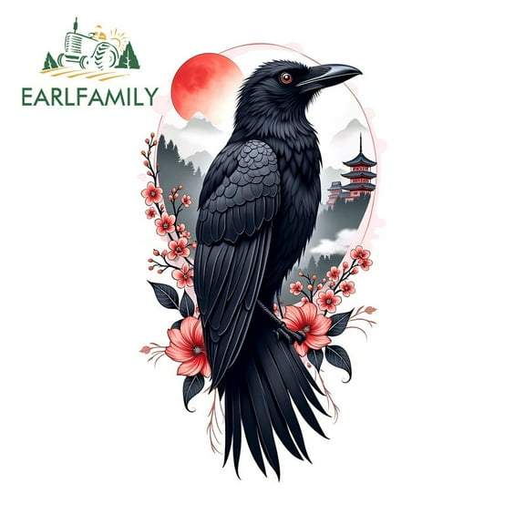 EARLFAMILY 5.1" Japanese Crow Car Stickers Suitcase Creative SUV RV Vinyl Decal