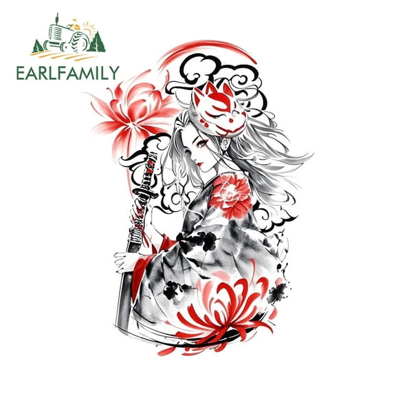 EARLFAMILY 5.1" Japanese Female Samurai Car Stickers Artistic Motorcycle Skateboard Air Conditioner Vehicle JDM Decals Waterproof Car Goods