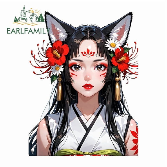 EARLFAMILY 5.1" Japanese Fox Geisha Car Stickers Campervan Surfboard Rear Windshield Trunk Vinyl Waterproof Decal Scratch-Proof Car Door Protector