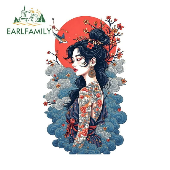 EARLFAMILY 5.1" Japanese Geisha Car Sticker Personality Rearview Mirror Laptop Motorcycle PVC Decal Fashionable Waterproof Scratch-Proof Decoration