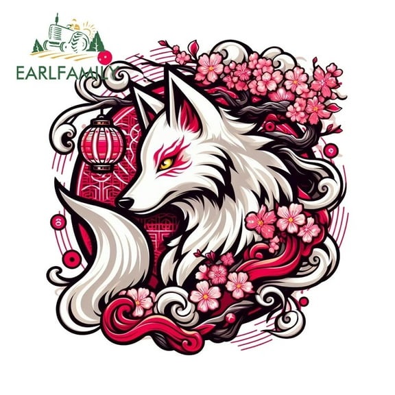 EARLFAMILY 5.1" Japanese Kitsune Car Sticker Red Animal Plum Blossom Vinyl Decal
