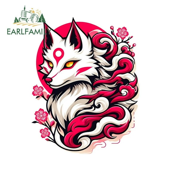 EARLFAMILY 5.1" Japanese Kitsune Car Sticker Red Animal Plum Blossom Vinyl Decal