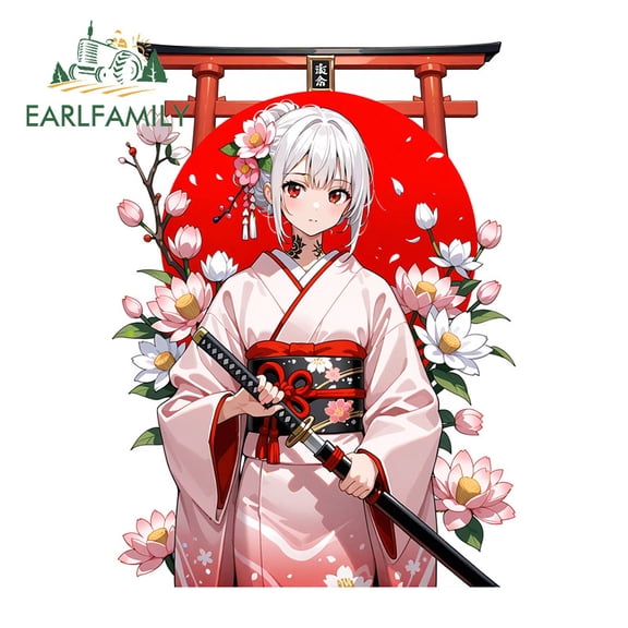 EARLFAMILY 5.1" Samurai Female with Red Sun Car Sticker Personality Rearview Mirror Motorcycle Occlusion Scratch 3D Decal Waterproof Car Styling