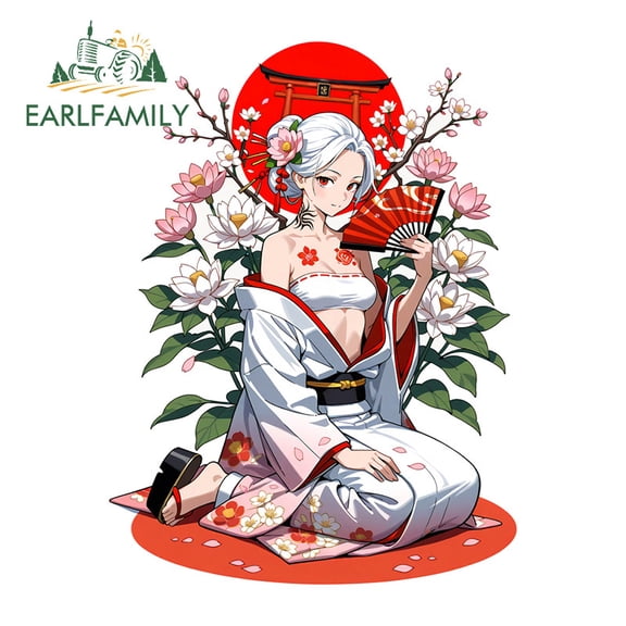EARLFAMILY 5.1" Samurai Female with Red Sun Car Sticker Waterproof Campervan Skateboard Laptop Vinyl Decals Occlusion Scratch Car Door Protector