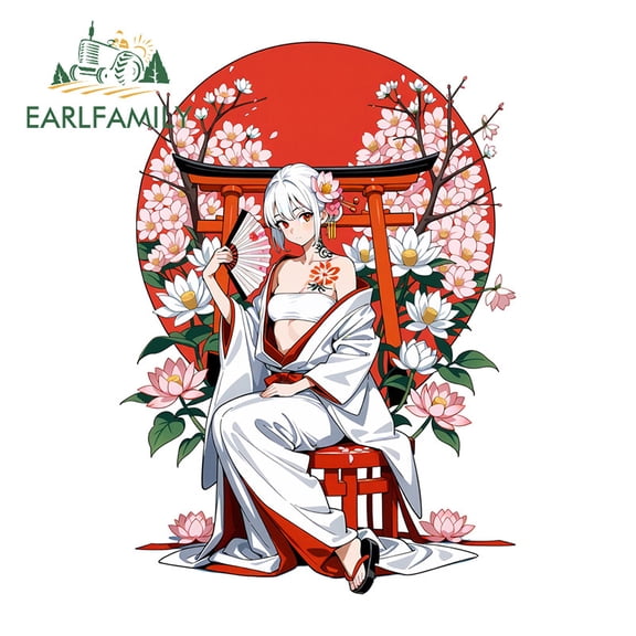 EARLFAMILY 5.1" Samurai Female with Red Sun Car Stickers Motorcycle Skateboard Rear Windshield JDM Vinyl Decal Occlusion Scratch Car Door Protector