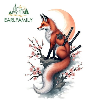 EARLFAMILY 5.1 in Fox with Sword Japanese Car Stickers Motorcycle Skateboard Laptop Waterproof PVC Decal Occlusion Scratch Fashionable Car Styling