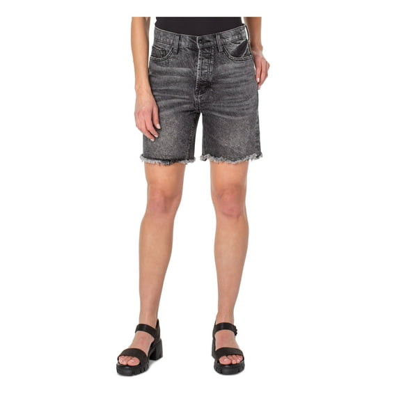 EARNEST SEWN NEW YORK Womens Black Denim Frayed Pocketed Button Fly High Waist Shorts 30