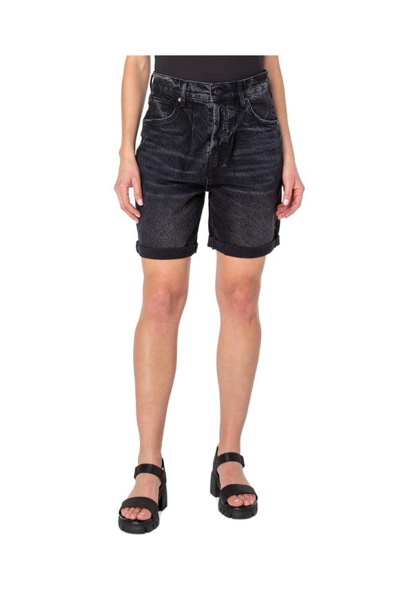 Womens Black Pocketed Pleated Cuffed Hem High Waist Shorts 33